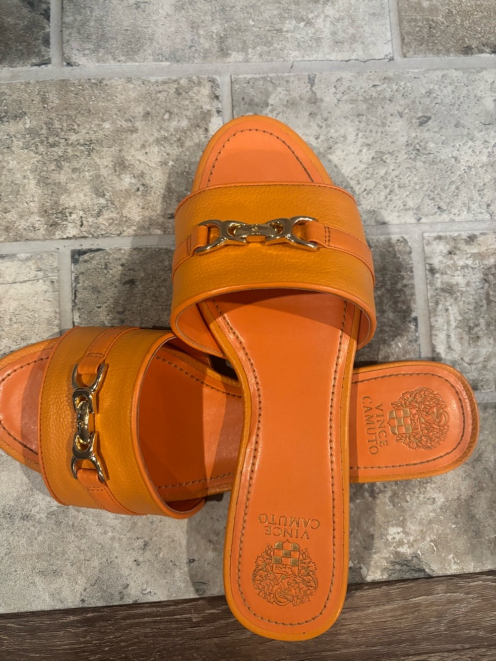 Vince Camuto Bright Orange Leather Slide Mules with Gold Chain